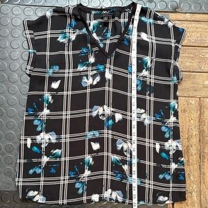 Worthington Black and Blue Plaid Floral Blouse